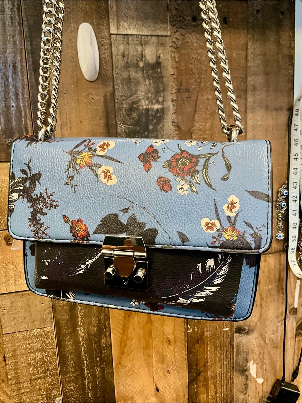 Mango Floral Print Chain Crossbody in Light Blue and Black